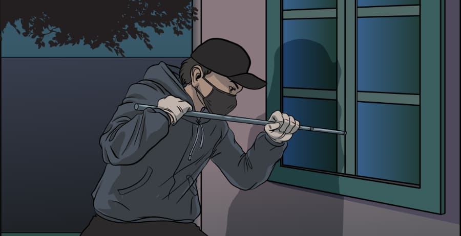 Illustration of burglar forcing entry through a window in Hoover